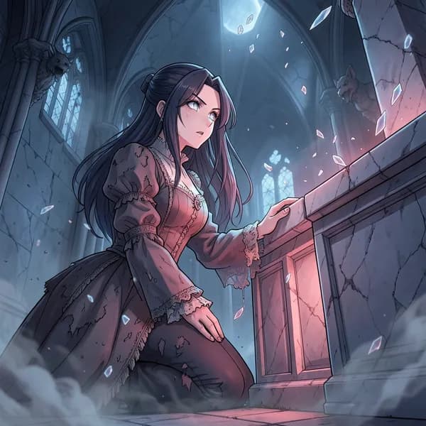 A woman with pale skin and tattered aristocratic clothing kneels at an altar as glass shards rain from above.