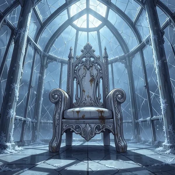 An ornate, tarnished silver throne sits empty in the center of a derelict glass conservatory under moonlight.