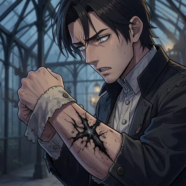 A man in a tattered Victorian coat clutches his arm, revealing a glowing, jagged, blackened brand on his skin.