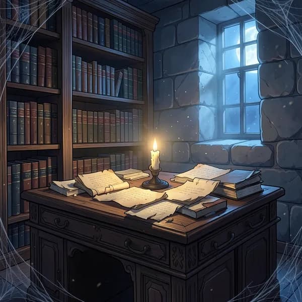 A dimly lit library desk with scattered parchment and a flickering candle, creating a tense and stagnant atmosphere.