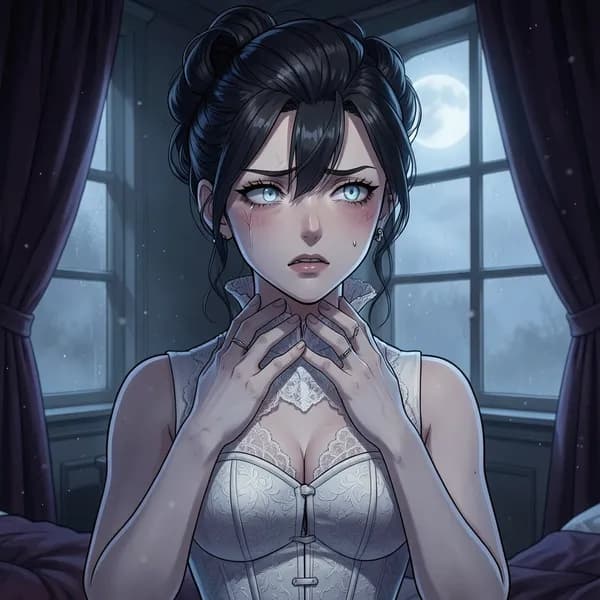 A pale aristocratic woman in a Victorian corset clutching her throat in a dark, moonlit bedroom.