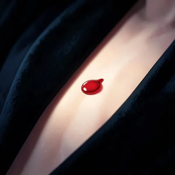 A single drop of blood on pale skin, illuminated by a sharp, focused light.