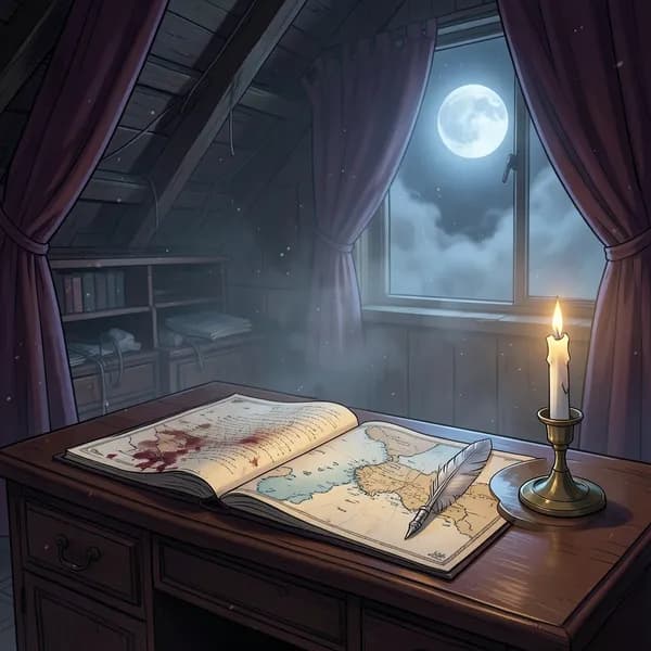 A dimly lit Victorian desk with an open ledger, a silver quill, and a map of the English Channel under candlelight.
