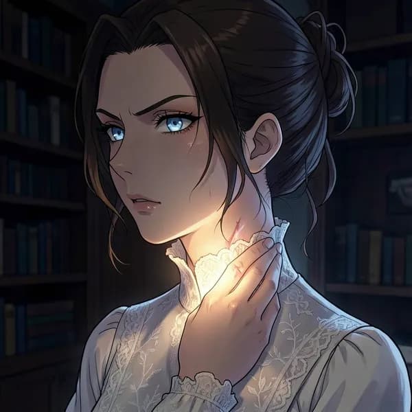 A woman in a Victorian blouse touching her throat where a faint, glowing scar is visible.