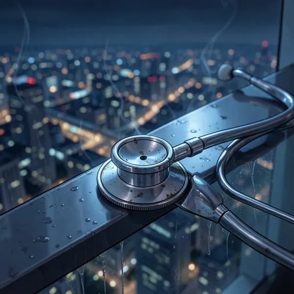 A vintage silver stethoscope resting on a cold glass railing, reflecting the city lights below.