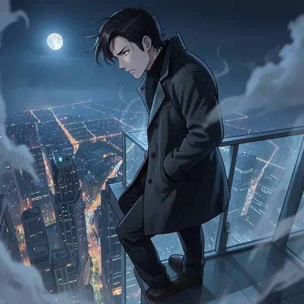 A man in a dark coat standing on the edge of a high terrace, looking down at the city.