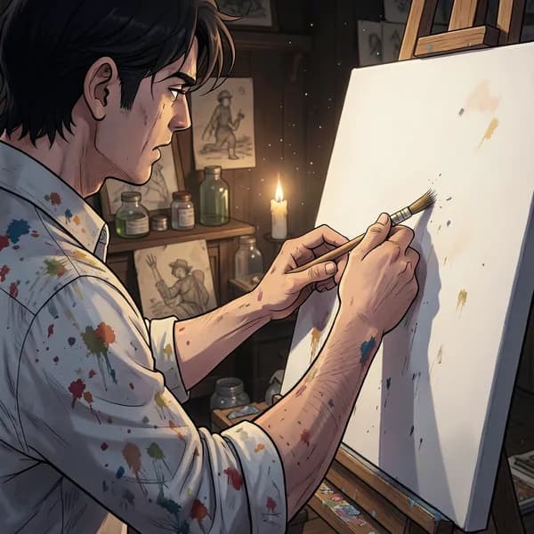 A young man's trembling hands holding a paintbrush in a dark studio.