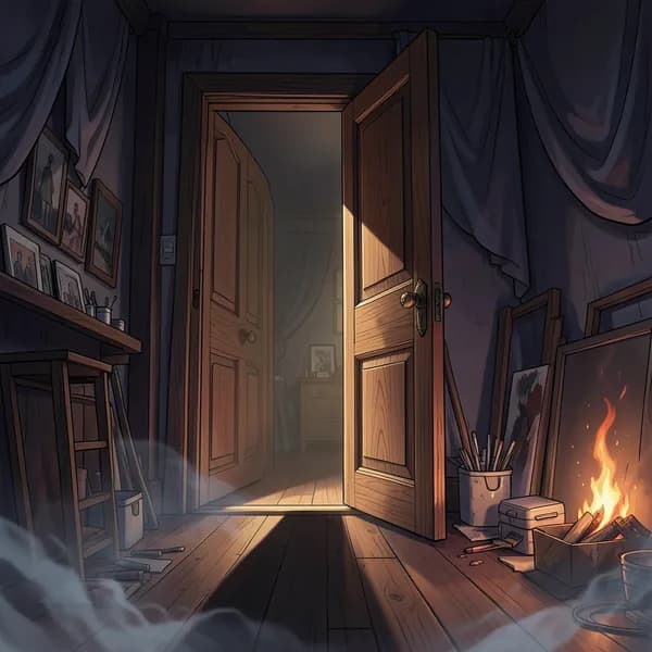 A heavy oak door slightly ajar in a dark room, leading to a mysterious hallway.