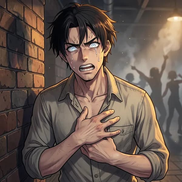 A young man with a gaunt face and disheveled hair shivering in a dark corner, looking distressed.