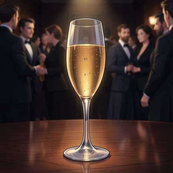 A close-up of a crystal champagne flute on a dark table, reflecting the blurred movement of a jazz club.