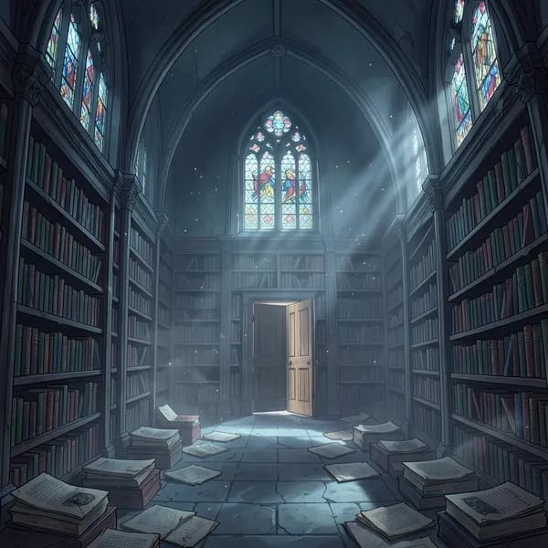 A dark, cavernous attic space with rows of towering bookshelves and dust motes dancing in thin beams of moonlight.