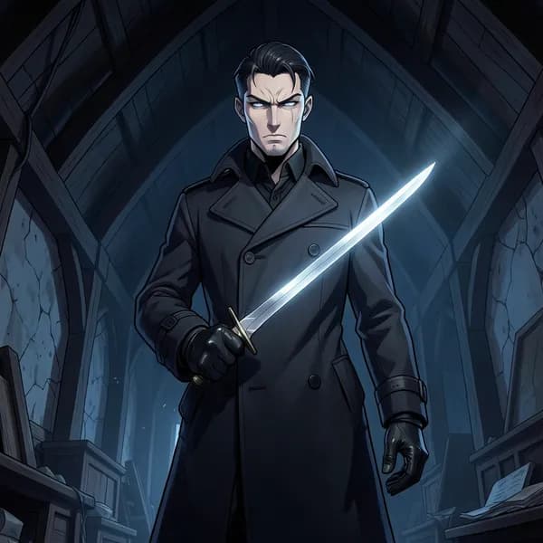 A tall, pale man in a 1920s trench coat holding a thin, sharp blade in a dark room.