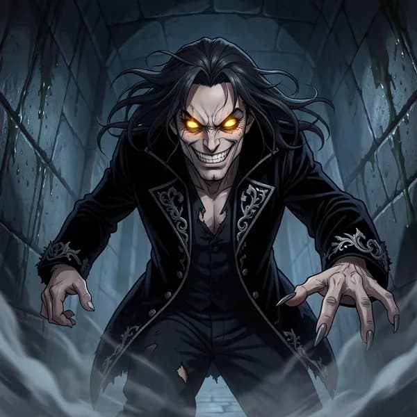 An ancient, predatory male vampire with glowing golden eyes lunging from the shadows.