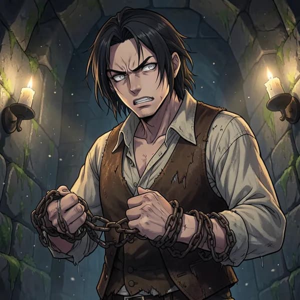 A pale man in tattered clothes struggles against heavy iron chains in a dark, ancient crypt.
