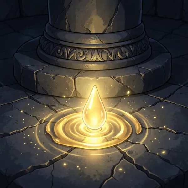 A glowing golden drop of liquid hits a cracked stone floor, emitting a magical, ethereal light.