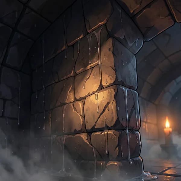 A close-up of a damp, ancient stone crypt wall with condensation dripping down, illuminated by flickering electric candles.
