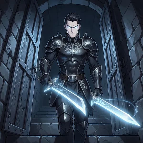 A tall, imposing figure in ornate, dark armor stepping through a heavy iron door, holding a glowing sword.