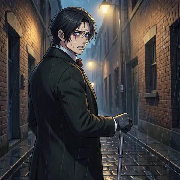 A disheveled aristocrat in a tailcoat clutching a silver-handled cane, looking conflicted in a dark alley.