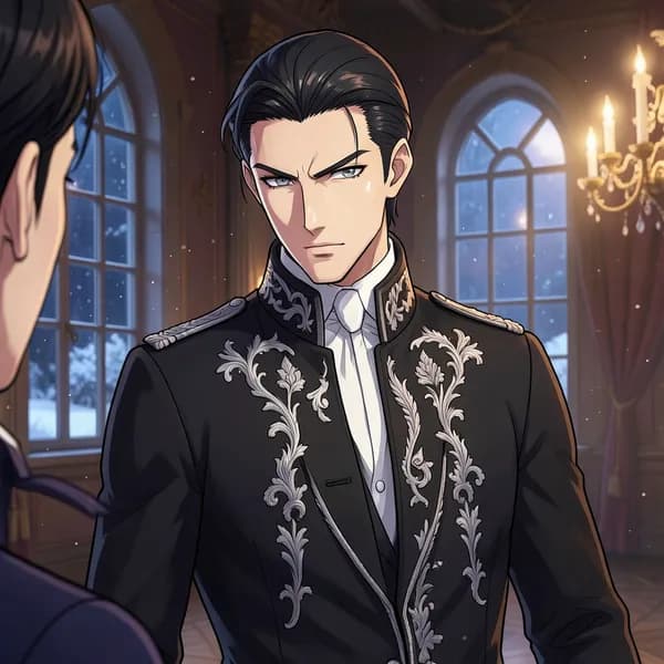 A tall, aristocratic man in a formal black tailcoat with silver embroidery, looking down with a sharp, defiant expression.