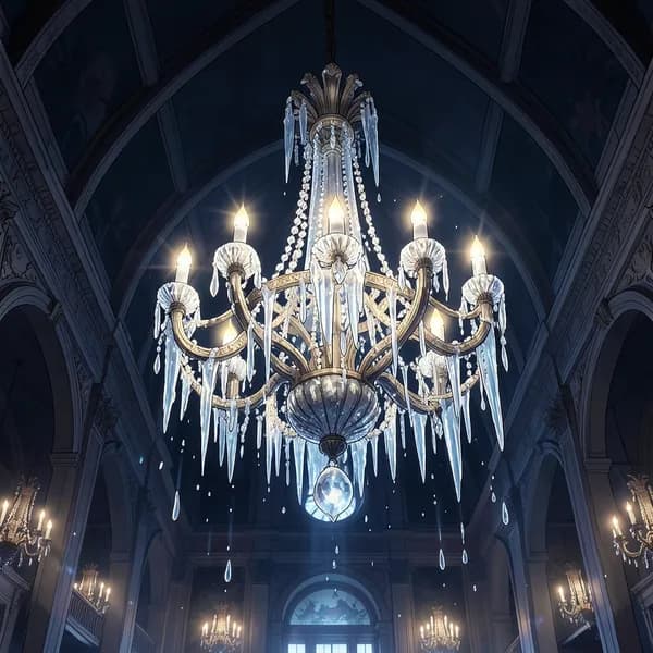 A close-up of an ornate crystal chandelier dripping with melting icicles, reflecting the ballroom's flickering light.