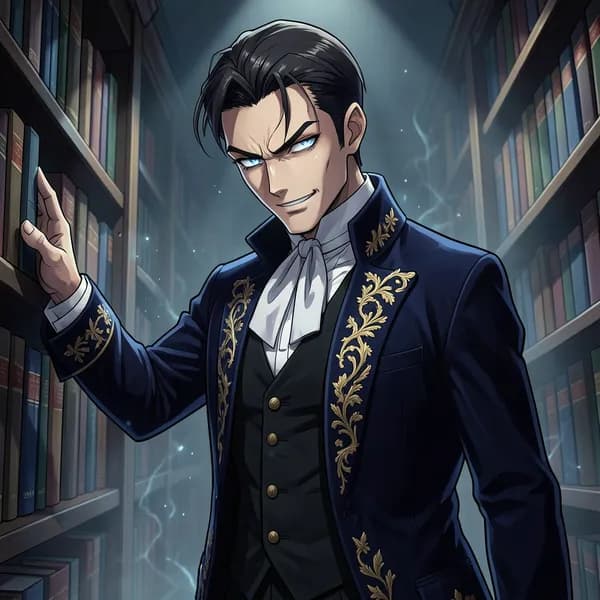 A male aristocrat in sharp, elegant clothing standing in a dark library aisle.