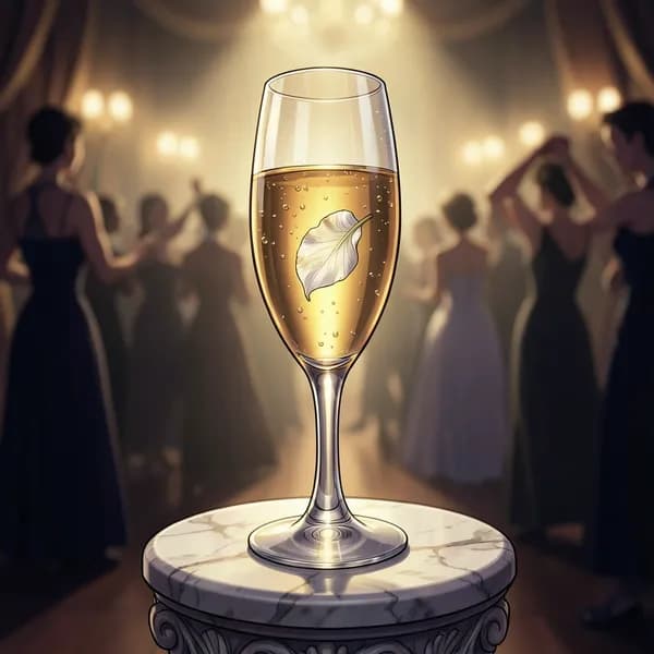A crystal champagne flute on a marble table with a single, slightly wilted lily petal floating in the liquid.