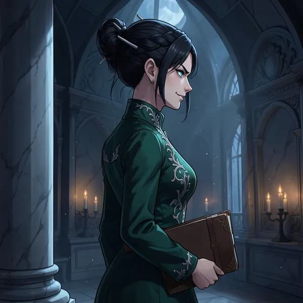 A noblewoman with sharp features stepping out from behind a marble pillar, looking cold and calculating.