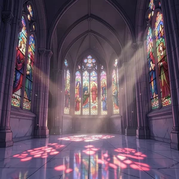 Intricate stained glass windows casting long, jagged pools of crimson and violet light across a polished white marble floor.