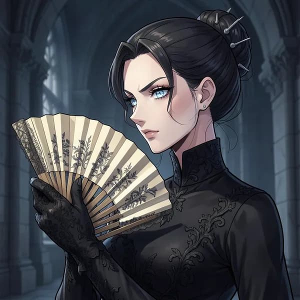 A woman with a sharp, cold expression clutching an ivory fan, standing in the shadows of a cathedral.