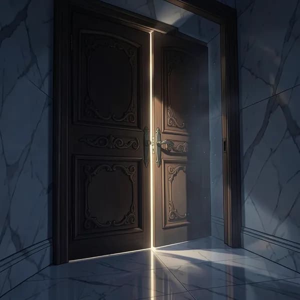 A heavy, ornate dark oak door closing in a dimly lit, cold mansion hallway.