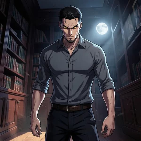 A tall, muscular man with an intense expression standing in a dark study.