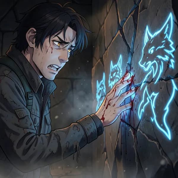 A man's hand pressed against a glowing, rune-etched basalt wall, with blood trickling down the stone.