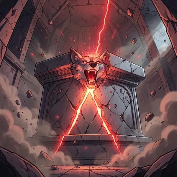 A massive, ancient stone altar splitting in half, emitting a violent, searing red light from the crack.