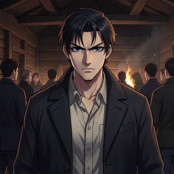 A tall, imposing man with dark eyes standing in a dimly lit lodge, looking with intense, warning focus.