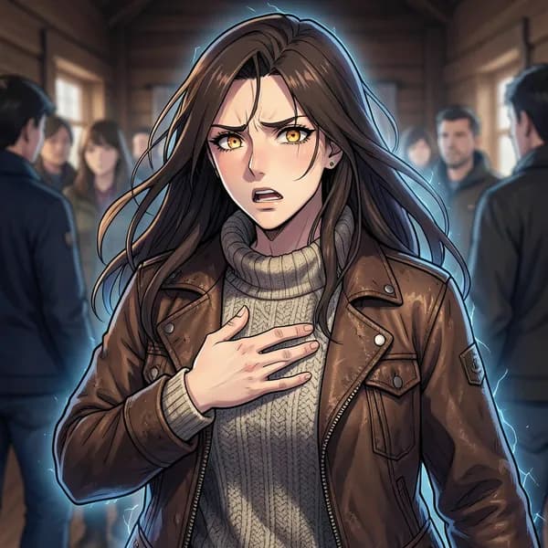 A young woman standing in a crowded lodge, looking overwhelmed and conflicted with her hand pressed to her chest.
