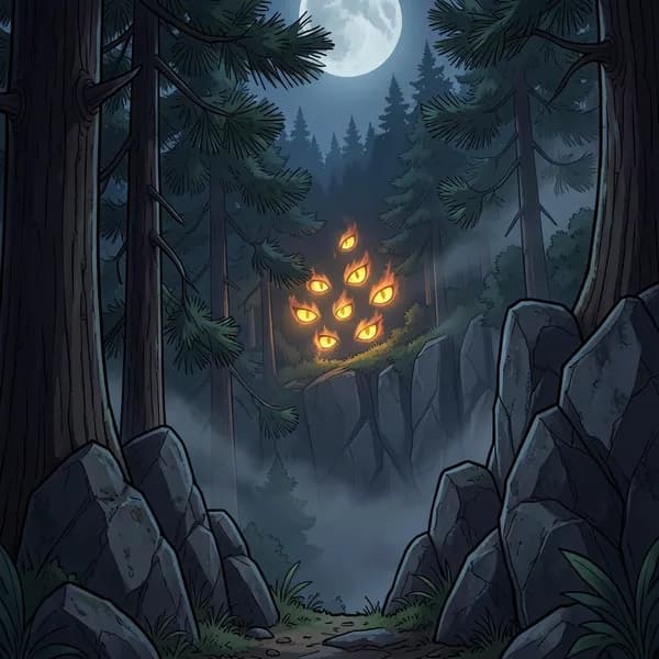 Glowing yellow eyes peering from the dark shadows of a pine forest at the base of a cliff.