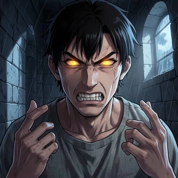 A young man with sharp teeth and glowing eyes stands in a dark stone corridor, looking distressed.