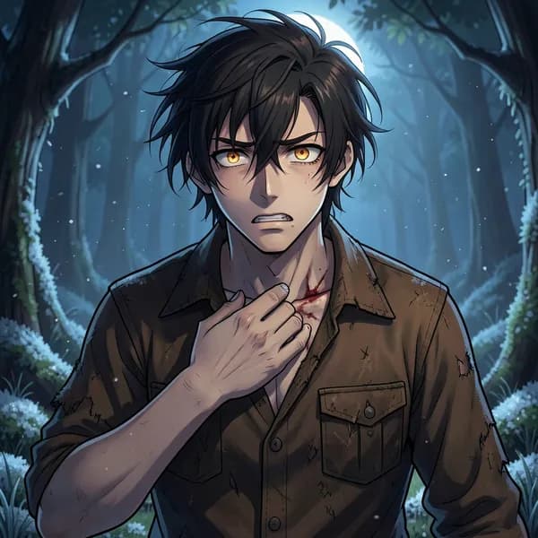 A young scout stands alone in a dark forest glade, clutching his collarbone in fear.