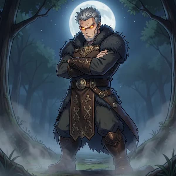 An imposing, older man with glowing eyes stands in the center of a dark clearing.