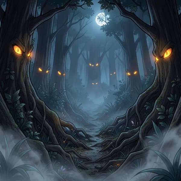 A circle of glowing amber eyes watching from the dark forest perimeter, surrounded by frost and moonlight.