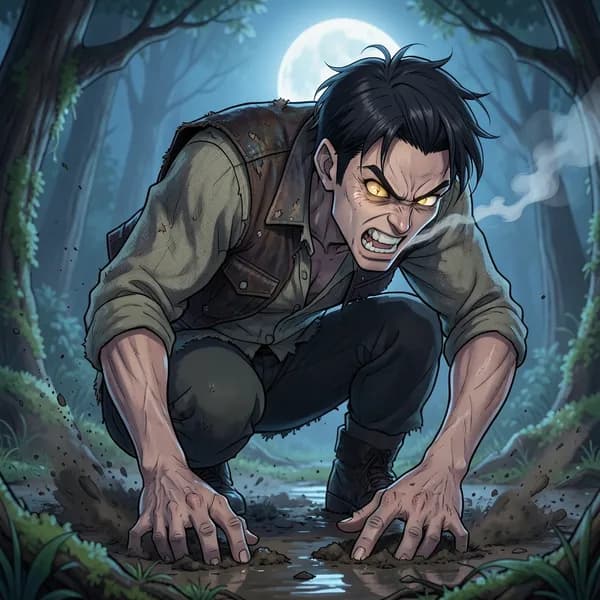 A rugged man with golden predatory eyes snarling, his posture shifting into a feral, aggressive stance.
