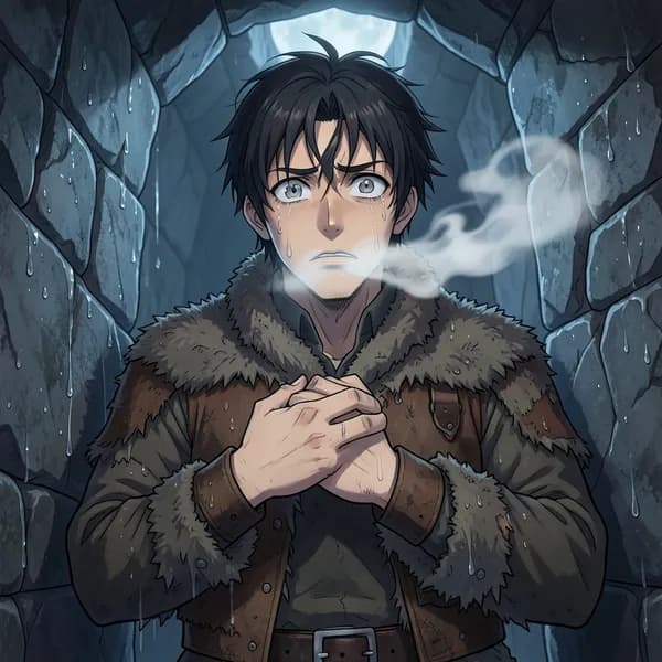 A lone, ragged scavenger shivering in a dark, damp cave, his breath visible in the freezing air.