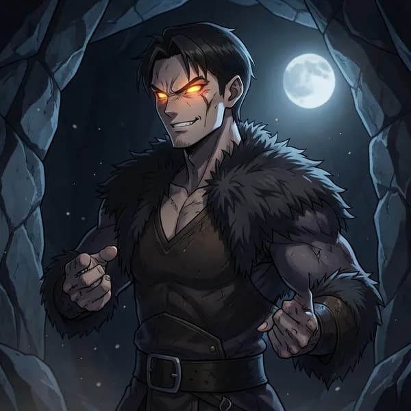 A menacing, muscular man with glowing amber eyes standing in the shadows of a cave.