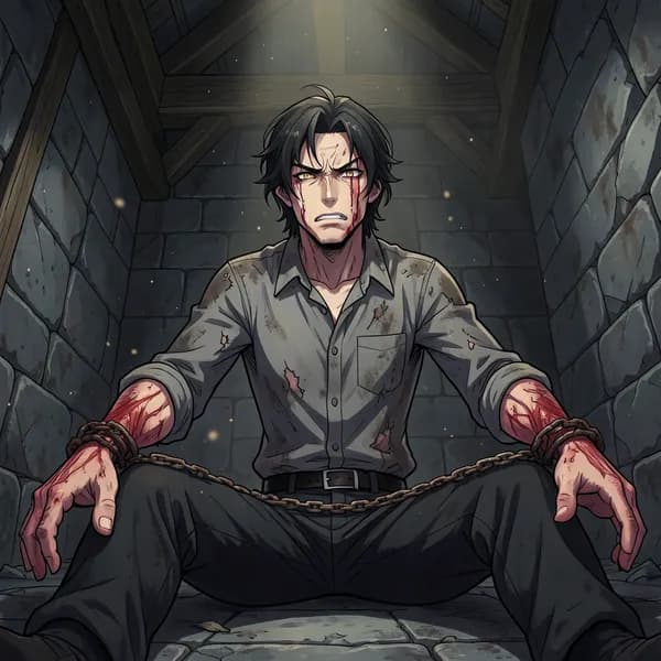 A man with disheveled dark hair sits on a cold stone floor, his wrists raw and chafed from heavy iron cuffs.