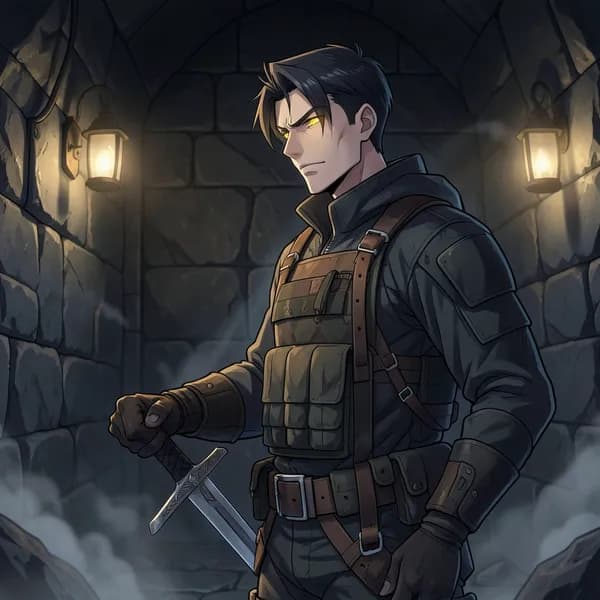 A tall, imposing man in rugged mountain gear rests his hand on a sword hilt, his eyes glowing with an unnatural golden hue.