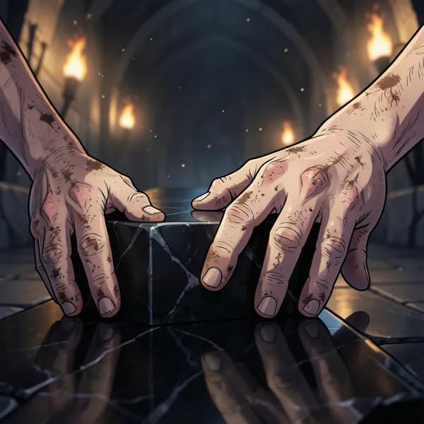 A man's calloused hands gripping the edge of a polished obsidian dais, fingernails digging deep into the stone, knuckles white with tension.