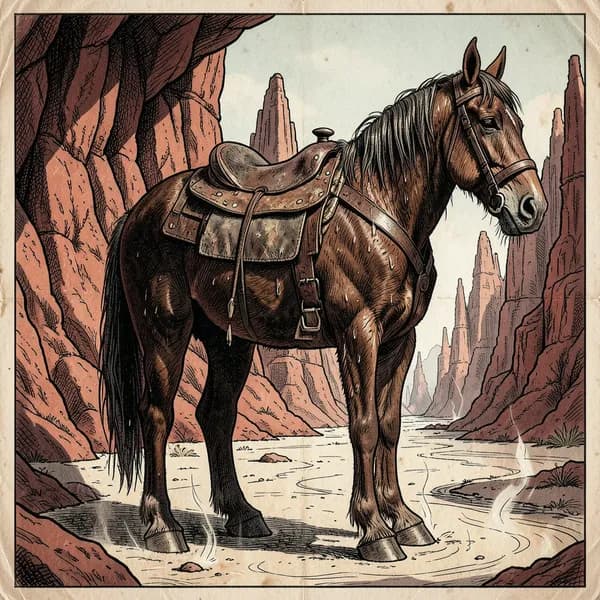 A weary, sweat-drenched horse standing in the shade of a jagged red rock formation in the desert.