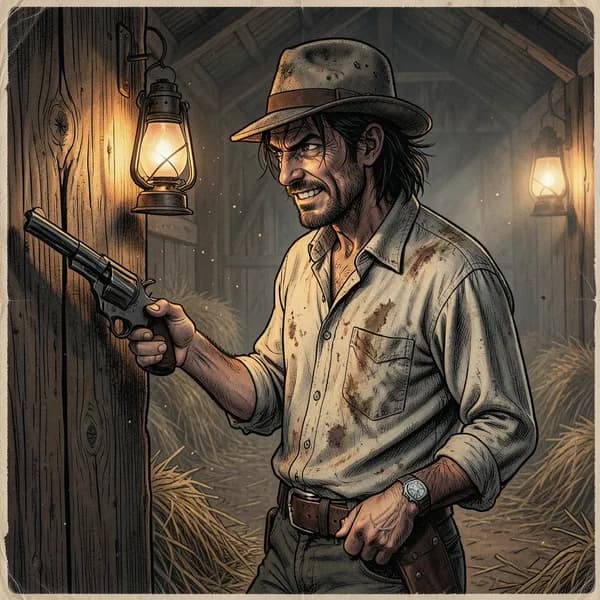 A young, desperate outlaw leaning against a barn wall with his hand hovering over his holster.