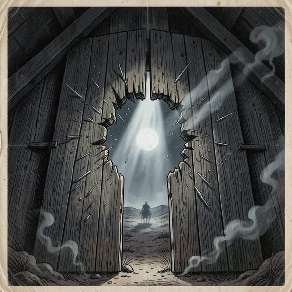 A splintered wooden barn door with moonlight streaming through the jagged hole.