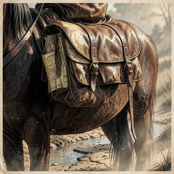 A close-up of a worn leather satchel strapped to a horse's saddle, containing secret documents.